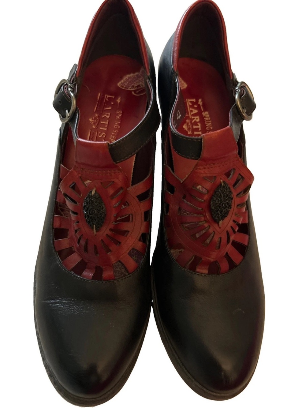 L’Artiste by Spring Step Black and Red Cutout Mary Jane Heels